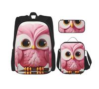 LZQPOEAS 3PCS A pink Owl Backpack Sets with Insulated Lunch Bag Pencil Case, 17inch Lightweight Laptop Backpack Shoulder Lunch Box and Pencil Bag for Women Men Travel Bags