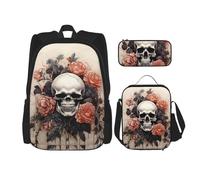 LZQPOEAS 3PCS Ancient skull and flowers Backpack Sets with Insulated Lunch Bag Pencil Case, 17inch Lightweight Laptop Backpack Shoulder Lunch Box and Pencil Bag for Women Men Travel Bags