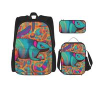 LZQPOEAS 3PCS Backpack Sets with Colorful animals Laptop Backpack Lunch Bag Pencil Case for Women Men Travel Bag, Black, One Size, Travel Backpacks