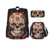 LZQPOEAS 3PCS Backpack Sets with Sugar Skulls Laptop Backpack Lunch Bag Pencil Case for Women Men Travel Bag, Black, One Size, Travel Backpacks