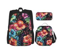 LZQPOEAS 3PCS Beautiful Hibiscus Flower Backpack Sets with Insulated Lunch Bag Pencil Case, 17inch Lightweight Laptop Backpack Shoulder Lunch Box and Pencil Bag for Women Men Travel Bags