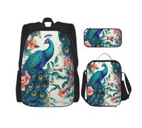LZQPOEAS 3PCS Beautiful Peacock Flowers Backpack Sets with Insulated Lunch Bag Pencil Case, 17inch Lightweight Laptop Backpack Shoulder Lunch Box and Pencil Bag for Women Men Travel Bags