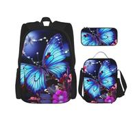 LZQPOEAS 3PCS Beauty butterfly Backpack Sets with Insulated Lunch Bag Pencil Case, 17inch Lightweight Laptop Backpack Shoulder Lunch Box and Pencil Bag for Women Men Travel Bags