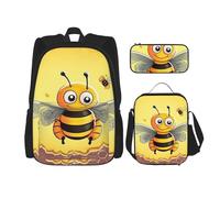 LZQPOEAS 3PCS Bee on the square Backpack Sets with Insulated Lunch Bag Pencil Case, 17inch Lightweight Laptop Backpack Shoulder Lunch Box and Pencil Bag for Women Men Travel Bags