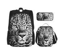 LZQPOEAS 3PCS Black and white leopard face Backpack Sets with Insulated Lunch Bag Pencil Case, 17inch Lightweight Laptop Backpack Shoulder Lunch Box and Pencil Bag for Women Men Travel Bags