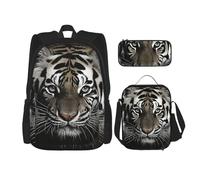 LZQPOEAS 3PCS Black and White Tiger Backpack Sets with Insulated Lunch Bag Pencil Case, 17inch Lightweight Laptop Backpack Shoulder Lunch Box and Pencil Bag for Women Men Travel Bags