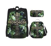 LZQPOEAS 3PCS Black cross among green flowers Backpack Sets with Insulated Lunch Bag Pencil Case, 17inch Lightweight Laptop Backpack Shoulder Lunch Box and Pencil Bag for Women Men Travel Bags