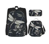 LZQPOEAS 3PCS Black flowers and dragonfly Backpack Sets with Insulated Lunch Bag Pencil Case, 17inch Lightweight Laptop Backpack Shoulder Lunch Box and Pencil Bag for Women Men Travel Bags