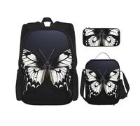 LZQPOEAS 3PCS Black White Butterfly Backpack Sets with Insulated Lunch Bag Pencil Case, 17inch Lightweight Laptop Backpack Shoulder Lunch Box and Pencil Bag for Women Men Travel Bags