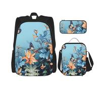LZQPOEAS 3PCS Blue butterfly floral Backpack Sets with Insulated Lunch Bag Pencil Case, 17inch Lightweight Laptop Backpack Shoulder Lunch Box and Pencil Bag for Women Men Travel Bags