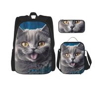 LZQPOEAS 3PCS Blue cat sticking out tongue Backpack Sets with Insulated Lunch Bag Pencil Case, 17inch Lightweight Laptop Backpack Shoulder Lunch Box and Pencil Bag for Women Men Travel Bags