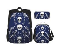 LZQPOEAS 3PCS Blue skull and bones Backpack Sets with Insulated Lunch Bag Pencil Case, 17inch Lightweight Laptop Backpack Shoulder Lunch Box and Pencil Bag for Women Men Travel Bags