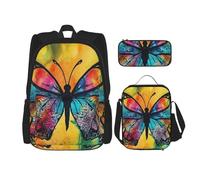 LZQPOEAS 3PCS Butterfly Tie Dye Backpack Sets with Insulated Lunch Bag Pencil Case, 17inch Lightweight Laptop Backpack Shoulder Lunch Box and Pencil Bag for Women Men Travel Bags