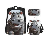 LZQPOEAS 3PCS Cartoon Hippo Backpack Sets with Insulated Lunch Bag Pencil Case, 17inch Lightweight Laptop Backpack Shoulder Lunch Box and Pencil Bag for Women Men Travel Bags