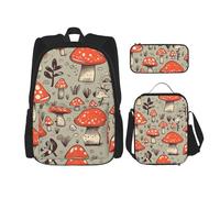 LZQPOEAS 3PCS Cartoon Mushrooms Backpack Sets with Insulated Lunch Bag Pencil Case, 17inch Lightweight Laptop Backpack Shoulder Lunch Box and Pencil Bag for Women Men Travel Bags