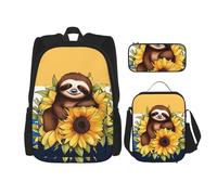 LZQPOEAS 3PCS Cartoon sloth sitting on sunflower Backpack Sets with Insulated Lunch Bag Pencil Case, 17inch Lightweight Laptop Backpack Shoulder Lunch Box and Pencil Bag for Women Men Travel Bags