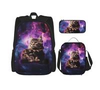 LZQPOEAS 3PCS Cat sitting inside nebula Backpack Sets with Insulated Lunch Bag Pencil Case, 17inch Lightweight Laptop Backpack Shoulder Lunch Box and Pencil Bag for Women Men Travel Bags
