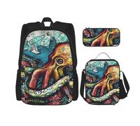 LZQPOEAS 3PCS Color Graffiti Octopus Backpack Sets with Insulated Lunch Bag Pencil Case, 17inch Lightweight Laptop Backpack Shoulder Lunch Box and Pencil Bag for Women Men Travel Bags