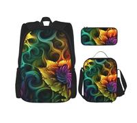 LZQPOEAS 3PCS Colored flower Backpack Sets with Insulated Lunch Bag Pencil Case, 17inch Lightweight Laptop Backpack Shoulder Lunch Box and Pencil Bag for Women Men Travel Bags