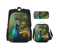 LZQPOEAS 3PCS Colorful Peacock Backpack Sets with Insulated Lunch Bag Pencil Case, 17inch Lightweight Laptop Backpack Shoulder Lunch Box and Pencil Bag for Women Men Travel Bags