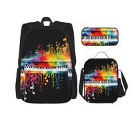 LZQPOEAS 3PCS Colorful Piano Keyboard Music Note Backpack Sets with Insulated Lunch Bag Pencil Case, 17inch Lightweight Laptop Backpack Shoulder Lunch Box and Pencil Bag for Women Men Travel Bags