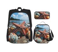 LZQPOEAS 3PCS Colorful starfish on the beach Backpack Sets with Insulated Lunch Bag Pencil Case, 17inch Lightweight Laptop Backpack Shoulder Lunch Box and Pencil Bag for Women Men Travel Bags