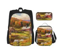 LZQPOEAS 3PCS Country Farm Backpack Sets with Insulated Lunch Bag Pencil Case, 17inch Lightweight Laptop Backpack Shoulder Lunch Box and Pencil Bag for Women Men Travel Bags