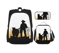 LZQPOEAS 3PCS Cowboy with Lasso Silhouette Backpack Sets with Insulated Lunch Bag Pencil Case, 17inch Lightweight Laptop Backpack Shoulder Lunch Box and Pencil Bag for Women Men Travel Bags