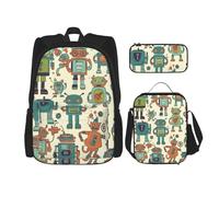 LZQPOEAS 3PCS Cute Cartoon Robots Backpack Sets with Insulated Lunch Bag Pencil Case, 17inch Lightweight Laptop Backpack Shoulder Lunch Box and Pencil Bag for Women Men Travel Bags