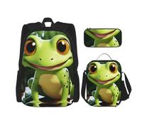 LZQPOEAS 3PCS cute frog Backpack Sets with Insulated Lunch Bag Pencil Case, 17inch Lightweight Laptop Backpack Shoulder Lunch Box and Pencil Bag for Women Men Travel Bags