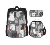 LZQPOEAS 3PCS Cute Funny Grey Cats Pattern Backpack Sets with Insulated Lunch Bag Pencil Case, 17inch Lightweight Laptop Backpack Shoulder Lunch Box and Pencil Bag for Women Men Travel Bags