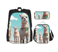 LZQPOEAS 3PCS Cute Llama Backpack Sets with Insulated Lunch Bag Pencil Case, 17inch Lightweight Laptop Backpack Shoulder Lunch Box and Pencil Bag for Women Men Travel Bags
