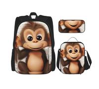 LZQPOEAS 3PCS cute monkey Backpack Sets with Insulated Lunch Bag Pencil Case, 17inch Lightweight Laptop Backpack Shoulder Lunch Box and Pencil Bag for Women Men Travel Bags