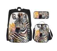 LZQPOEAS 3PCS Cute zebra watercolor Backpack Sets with Insulated Lunch Bag Pencil Case, 17inch Lightweight Laptop Backpack Shoulder Lunch Box and Pencil Bag for Women Men Travel Bags