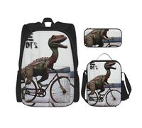 LZQPOEAS 3PCS Dinosaur Bicycle Backpack Sets with Insulated Lunch Bag Pencil Case, 17inch Lightweight Laptop Backpack Shoulder Lunch Box and Pencil Bag for Women Men Travel Bags