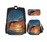 LZQPOEAS 3PCS Dolphins and Palm Trees Backpack Sets with Insulated Lunch Bag Pencil Case, 17inch Lightweight Laptop Backpack Shoulder Lunch Box and Pencil Bag for Women Men Travel Bags