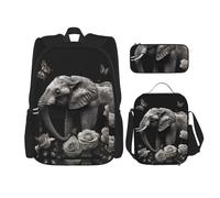LZQPOEAS 3PCS Elephant and Butterfly Backpack Sets with Insulated Lunch Bag Pencil Case, 17inch Lightweight Laptop Backpack Shoulder Lunch Box and Pencil Bag for Women Men Travel Bags