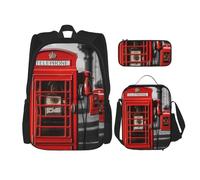 LZQPOEAS 3PCS England UK Retro London Telephone Backpack Sets with Insulated Lunch Bag Pencil Case, 17inch Lightweight Laptop Backpack Shoulder Lunch Box and Pencil Bag for Women Men Travel Bags