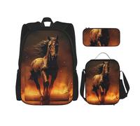 LZQPOEAS 3PCS Flame Horse Backpack Sets with Insulated Lunch Bag Pencil Case, 17inch Lightweight Laptop Backpack Shoulder Lunch Box and Pencil Bag for Women Men Travel Bags