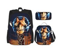 LZQPOEAS 3PCS Giraffe wearing headphones Backpack Sets with Insulated Lunch Bag Pencil Case, 17inch Lightweight Laptop Backpack Shoulder Lunch Box and Pencil Bag for Women Men Travel Bags