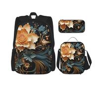 LZQPOEAS 3PCS Gold Flowers on Black Backpack Sets with Insulated Lunch Bag Pencil Case, 17inch Lightweight Laptop Backpack Shoulder Lunch Box and Pencil Bag for Women Men Travel Bags