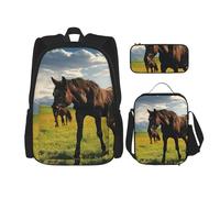 LZQPOEAS 3PCS Grazing wild horses Backpack Sets with Insulated Lunch Bag Pencil Case, 17inch Lightweight Laptop Backpack Shoulder Lunch Box and Pencil Bag for Women Men Travel Bags