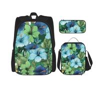 LZQPOEAS 3PCS Green and blue hibiscus flowers Backpack Sets with Insulated Lunch Bag Pencil Case, 17inch Lightweight Laptop Backpack Shoulder Lunch Box and Pencil Bag for Women Men Travel Bags