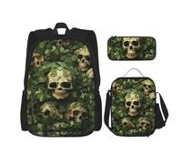 LZQPOEAS 3PCS Green background skull and leaves Backpack Sets with Insulated Lunch Bag Pencil Case, 17inch Lightweight Laptop Backpack Shoulder Lunch Box and Pencil Bag for Women Men Travel Bags