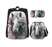 LZQPOEAS 3PCS Green Horse Backpack Sets with Insulated Lunch Bag Pencil Case, 17inch Lightweight Laptop Backpack Shoulder Lunch Box and Pencil Bag for Women Men Travel Bags