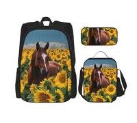 LZQPOEAS 3PCS Horse and sunflower Backpack Sets with Insulated Lunch Bag Pencil Case, 17inch Lightweight Laptop Backpack Shoulder Lunch Box and Pencil Bag for Women Men Travel Bags