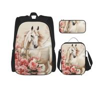 LZQPOEAS 3PCS Horse Image Backpack Sets with Insulated Lunch Bag Pencil Case, 17inch Lightweight Laptop Backpack Shoulder Lunch Box and Pencil Bag for Women Men Travel Bags