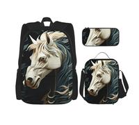 LZQPOEAS 3PCS Horse Pattern Backpack Sets with Insulated Lunch Bag Pencil Case, 17inch Lightweight Laptop Backpack Shoulder Lunch Box and Pencil Bag for Women Men Travel Bags