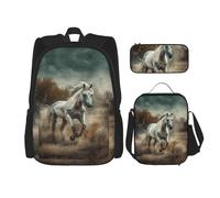 LZQPOEAS 3PCS Horse Running in Field Backpack Sets with Insulated Lunch Bag Pencil Case, 17inch Lightweight Laptop Backpack Shoulder Lunch Box and Pencil Bag for Women Men Travel Bags