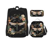 LZQPOEAS 3PCS Image of dragonfly in wreath Backpack Sets with Insulated Lunch Bag Pencil Case, 17inch Lightweight Laptop Backpack Shoulder Lunch Box and Pencil Bag for Women Men Travel Bags